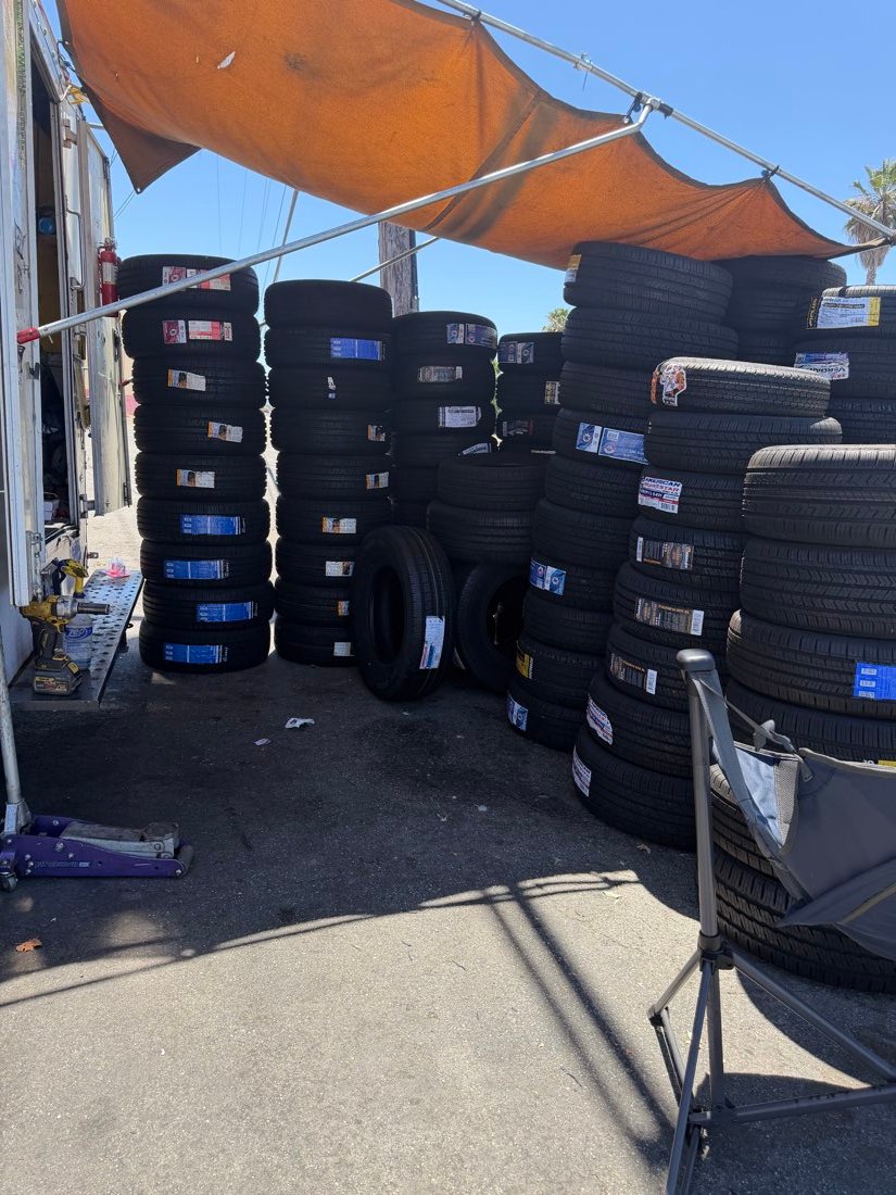 Stacked new tire inventory ready for installation
